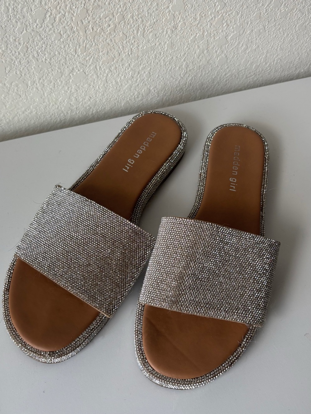 Madden Girl Silver Crystal Slides